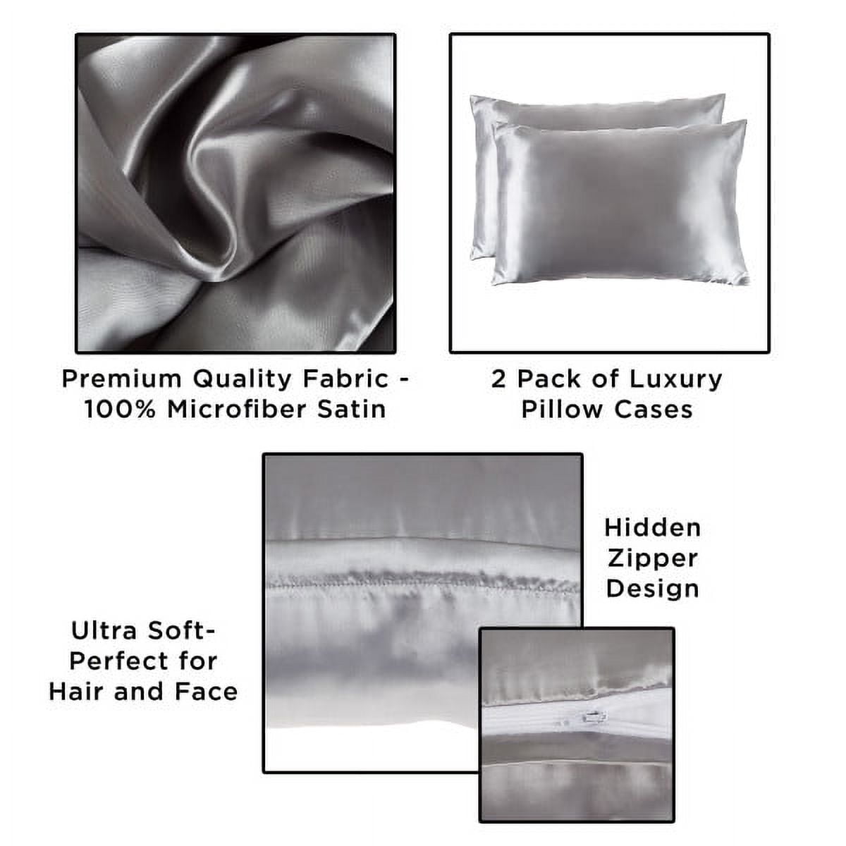 Satin Microfiber Pillowcases for Hair & Skin- Set of 2 King Size Pillow Covers, Hidden Zipper- Helps Prevent Frizz & Wrinkles by LHC (Silver Gray)