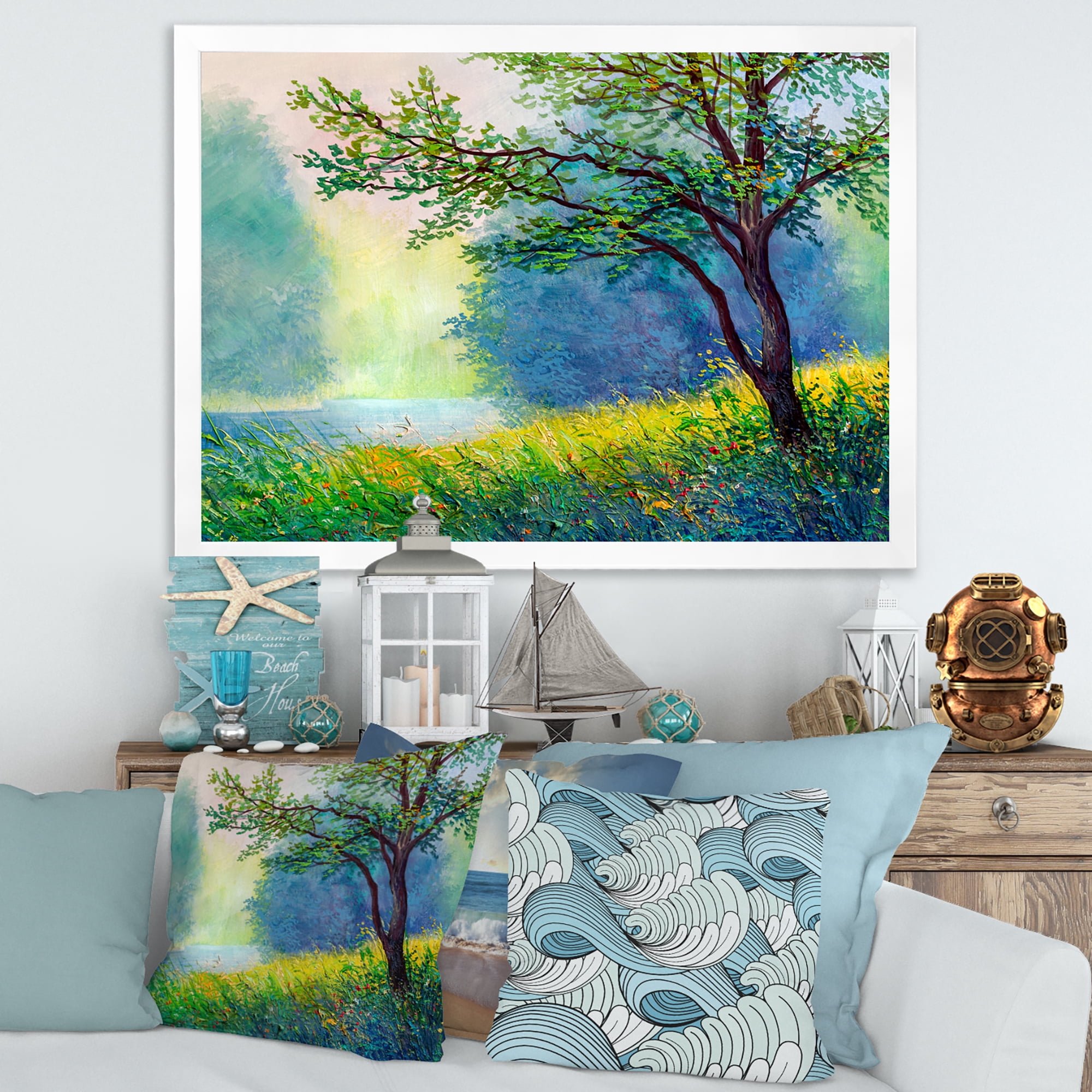 Designart 'Summer Forest With Waterfall and River ' Traditional Framed Art Print
