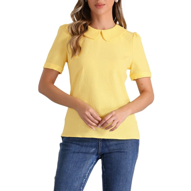 BLUSA CON COLLAR PETER PAN INSPIRADA EN CHIC PARA MUJERES, CON FLORES, JACQUARD, MANGAS CORTAS PUFF, ESTILO KAWAII, COLOR L AMARILLO