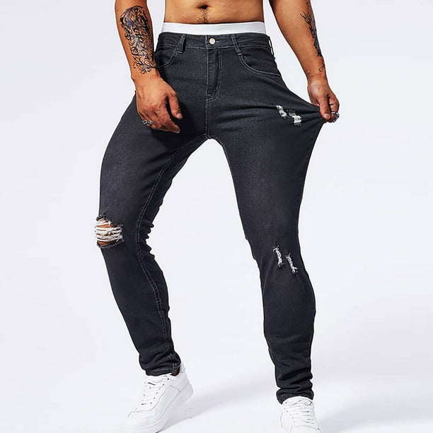 Pantalones largos para hombre, casuales, de moda, con bolsillos perforados, color sólido, elásticos, ajustados, de pierna corta, de mezclilla, pantalones para hombre