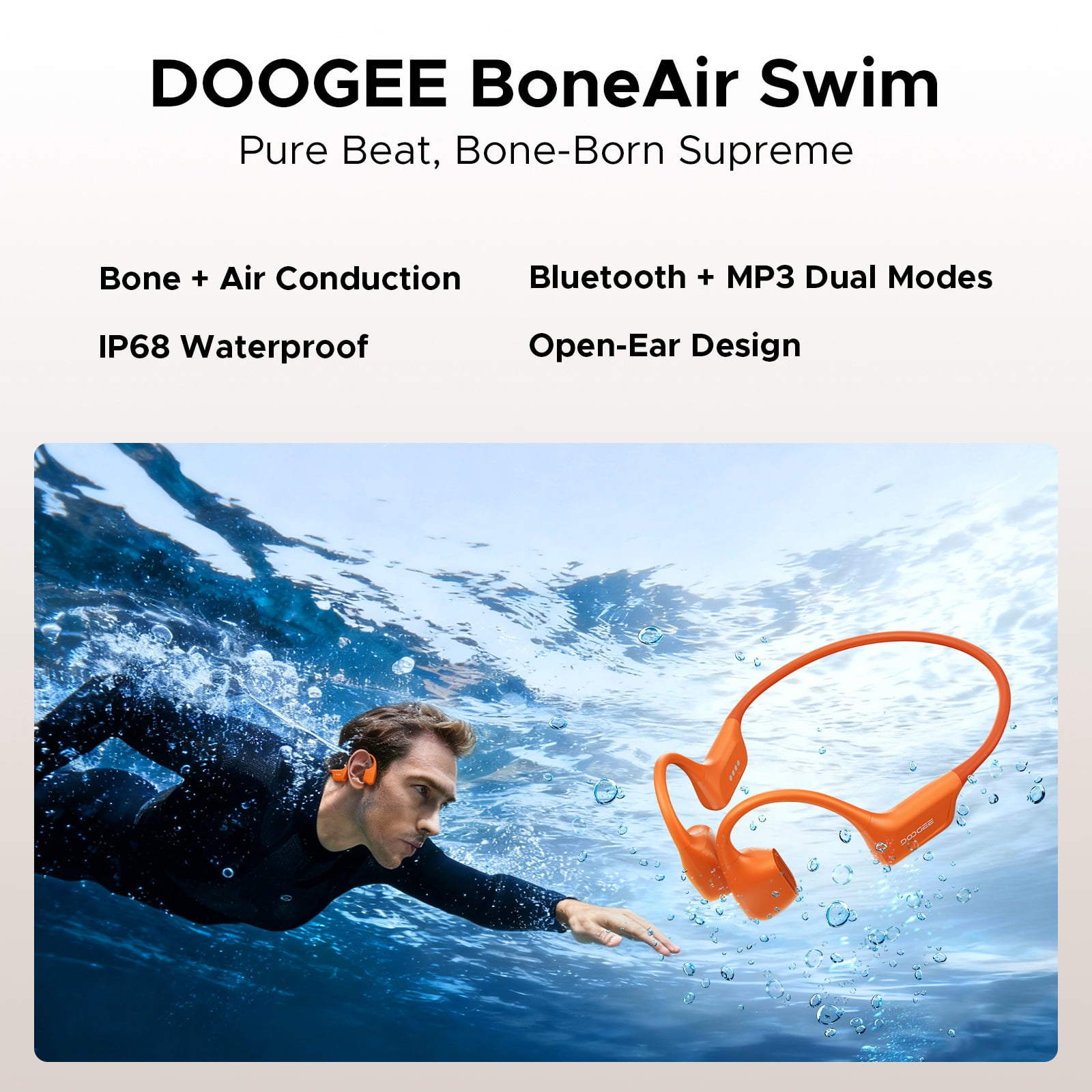 Doogee Bone Conduction Headphone, IP68 Waterproof Swimming Headphones Wireless Bluetooth 5.4, Dual Drivers, Bone Air Conduction, Sport Open-Ear Headphones for Swimming, Running, Cycling
