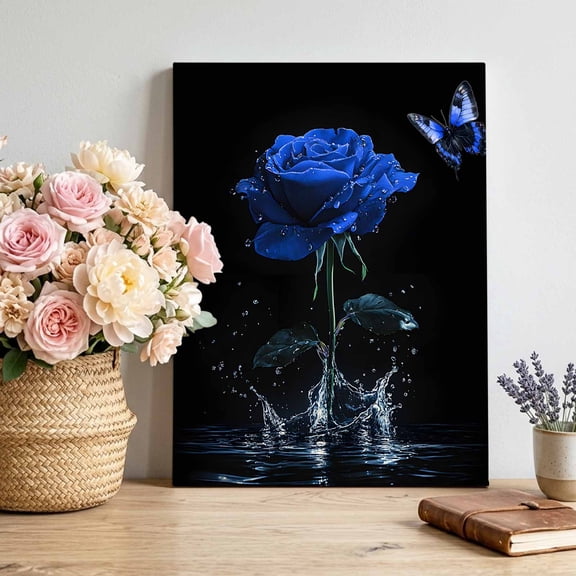 Blue Rose Canvas Wall Art, Butterfly Splash Framed Canvas Wall Decor Picture Print Artwork Decorations for Living Room Office Ready to Hang 36" x 24"