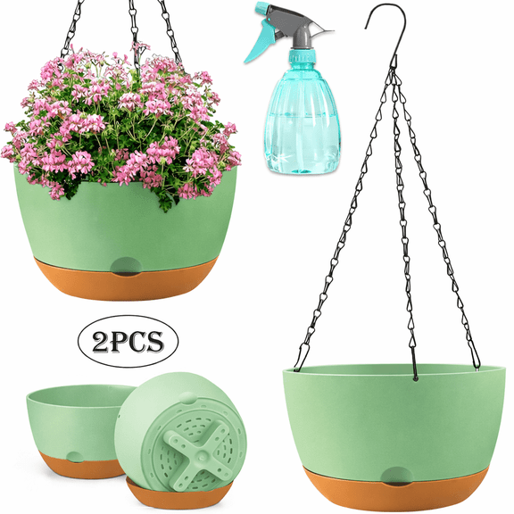 Diigabo 2-Pack 10-Inch Self-Watering Hanging Planters with Drainage Hole, Flower Pots with Chains & Hooks for Indoor Outdoor Balcony Garden Patio Décor(Green)