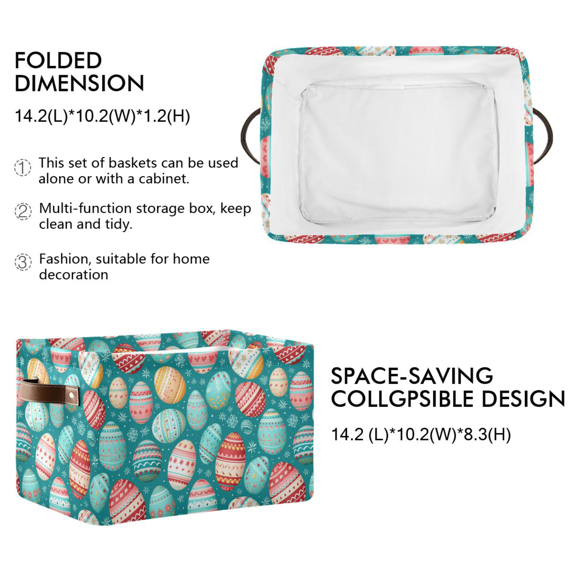 Easter Eggs with Snow Storage Bins with Handle Fabric Organizer Basket Foldable Box 2 Pack 14.2x10.2x8.3