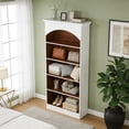 thumbnail image 4 of KIOOTTO 71" Heritage Library Bookcase – Grand 5-Tier Curated Display Suite with Architectural Double-Sidebar Framing and Reinforced Plinth Base in Antique Alabaster & Heirloom Oak, 4 of 7