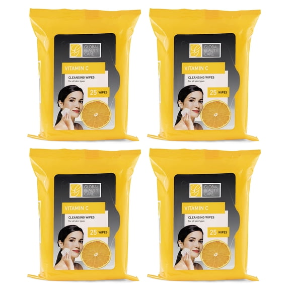 Global Beauty Care Toallitas de limpieza a granel prehumedecidas, paquete de 4 paños de limpieza con vitamina C, toallitas para quitar maquillaje, ideales para artículos de tocador de viaje, 100 unida