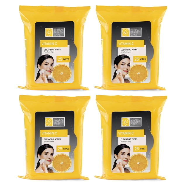 Global Beauty Care Toallitas de limpieza a granel prehumedecidas, paquete de 4 paños de limpieza con vitamina C, toallitas para quitar maquillaje, ideales para artículos de tocador de viaje, 100 unida