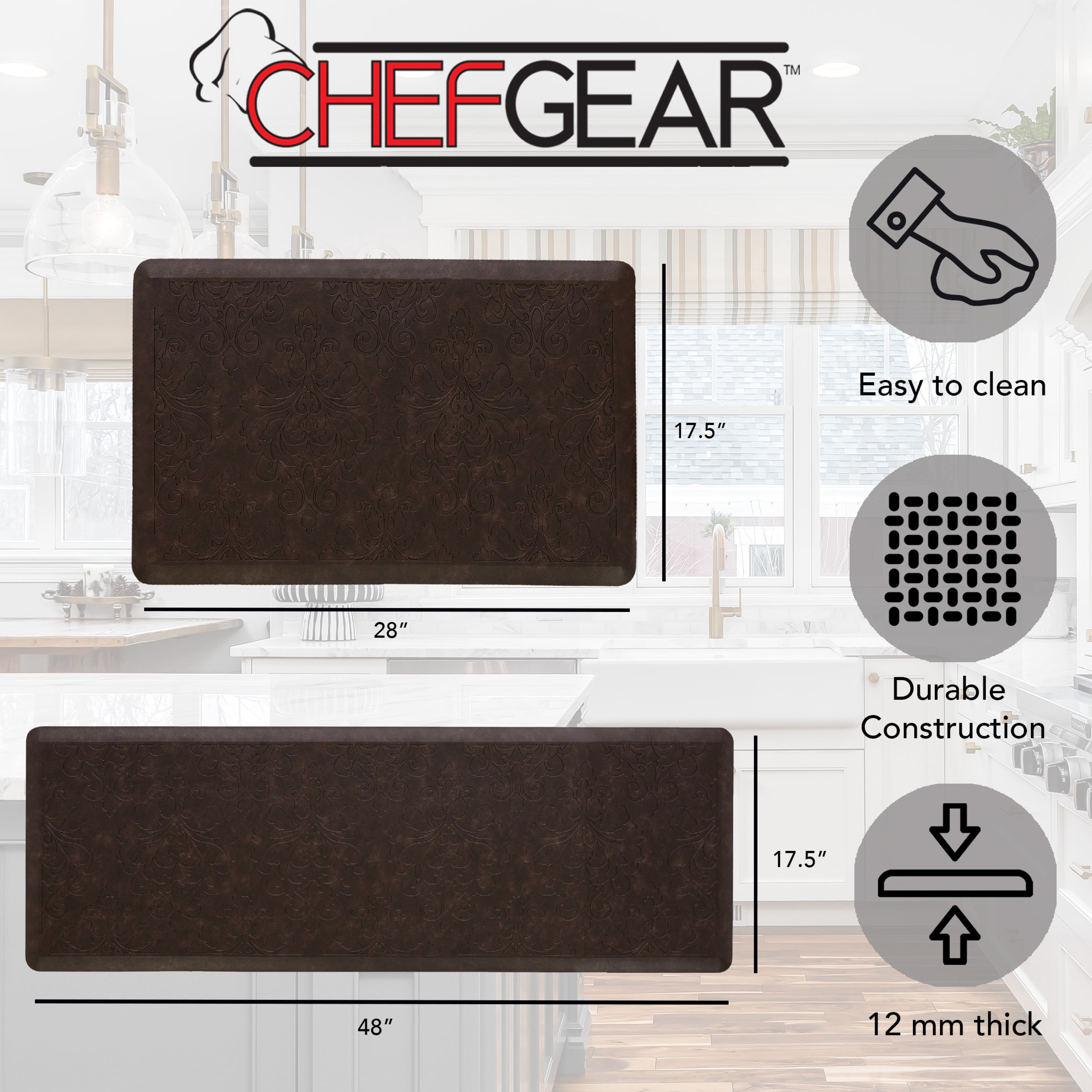 Chef Gear Marni Wellness Kitchen Mat 2 pc Set, Mocha, 17.5" x 48" and 17.5" x 28"