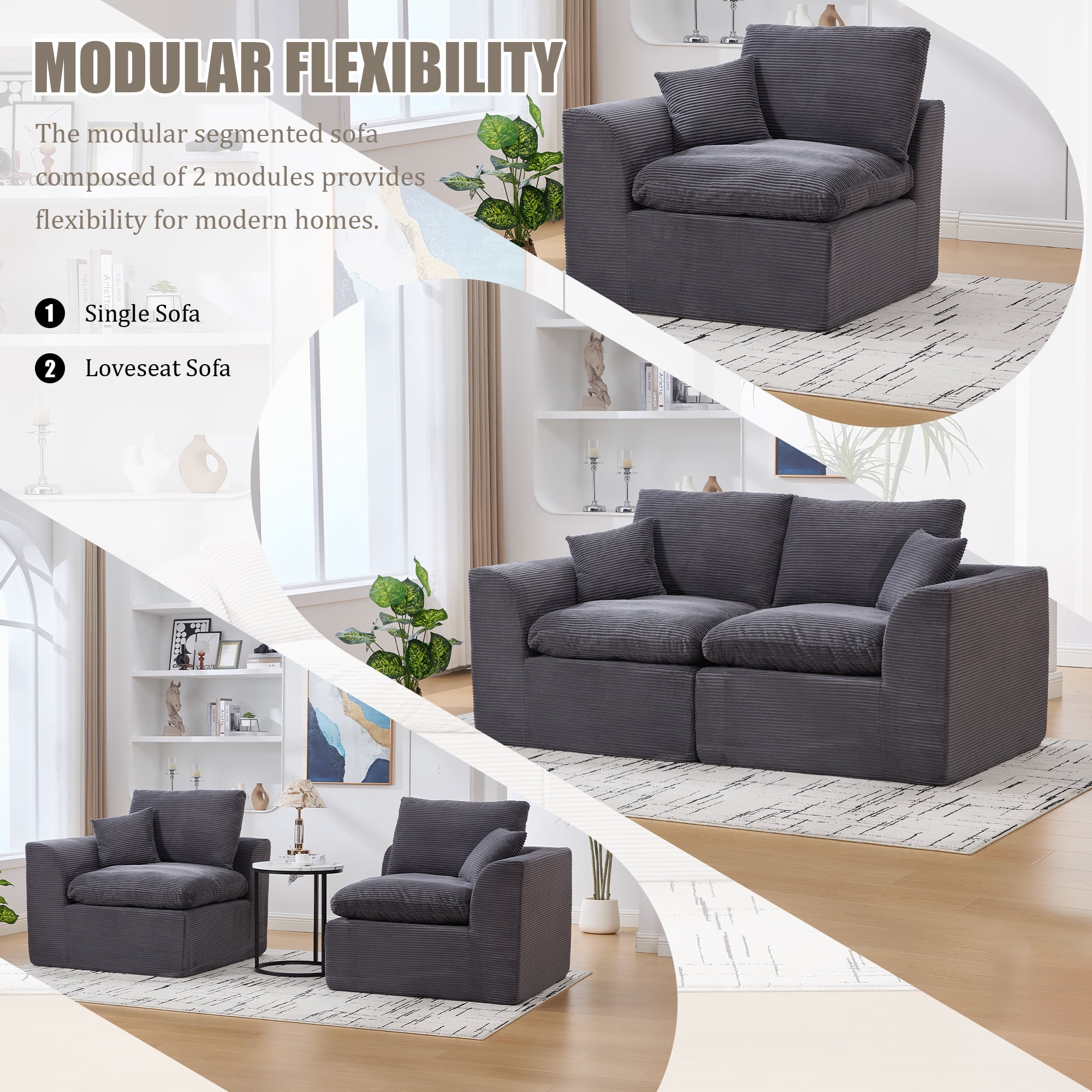 MOONMISS 80.3" Oversized Modular Sofa, Upholstered Corduroy 2 Seat Deep Seat Cloud Couch for Living Room Bedroom, No Assembly Required,Gray