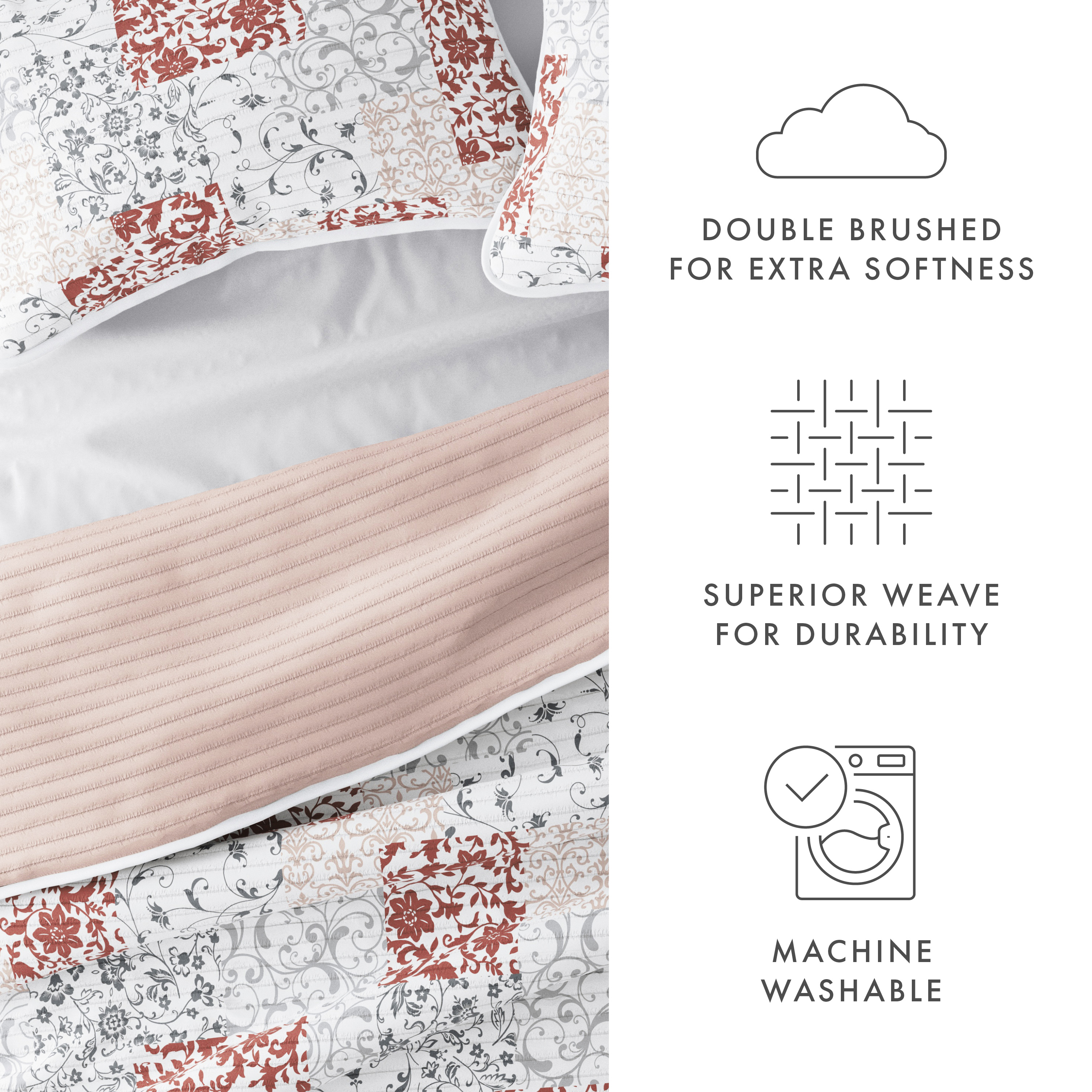 Noble Linens Blush 3 Piece Scrolled Patchwork Reversible Microfiber Quilt Set, Twin / Twin XL
