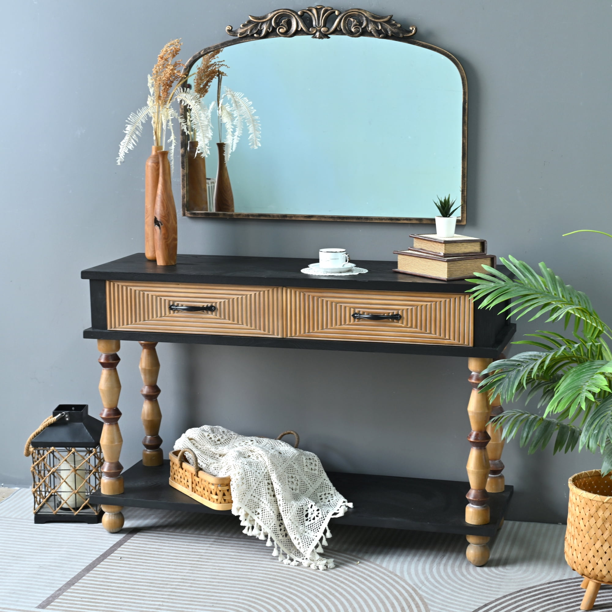 Leumius 47.64" Accent Rustic Carved Table, Rectangle Solid Wooden Console Table with Open Shelf and 2 Drawers for Kitchen, Dining Room, Living Room