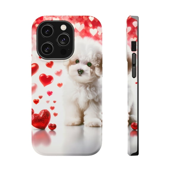 DistinctInk Tough Case for Apple iPhone 14 PRO (6.1" Screen), Compatible with MagSafe Charging - Valentine's Day Bichon Frise Puppy