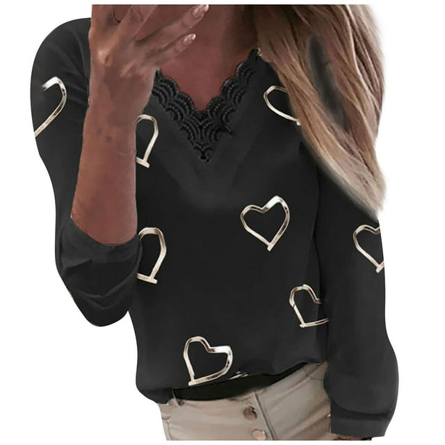 Hauts à Manches 3/4 pour Femmes Mode Amour Imprimé Col en V Dentelle Patchwork T-Shirt à Manches 3/4 Hauts Blouse T-Shirts à Manches Longues pour Femmes T-Shirts Longs pour Femmes Hauts pour Femmes à Manches Longues