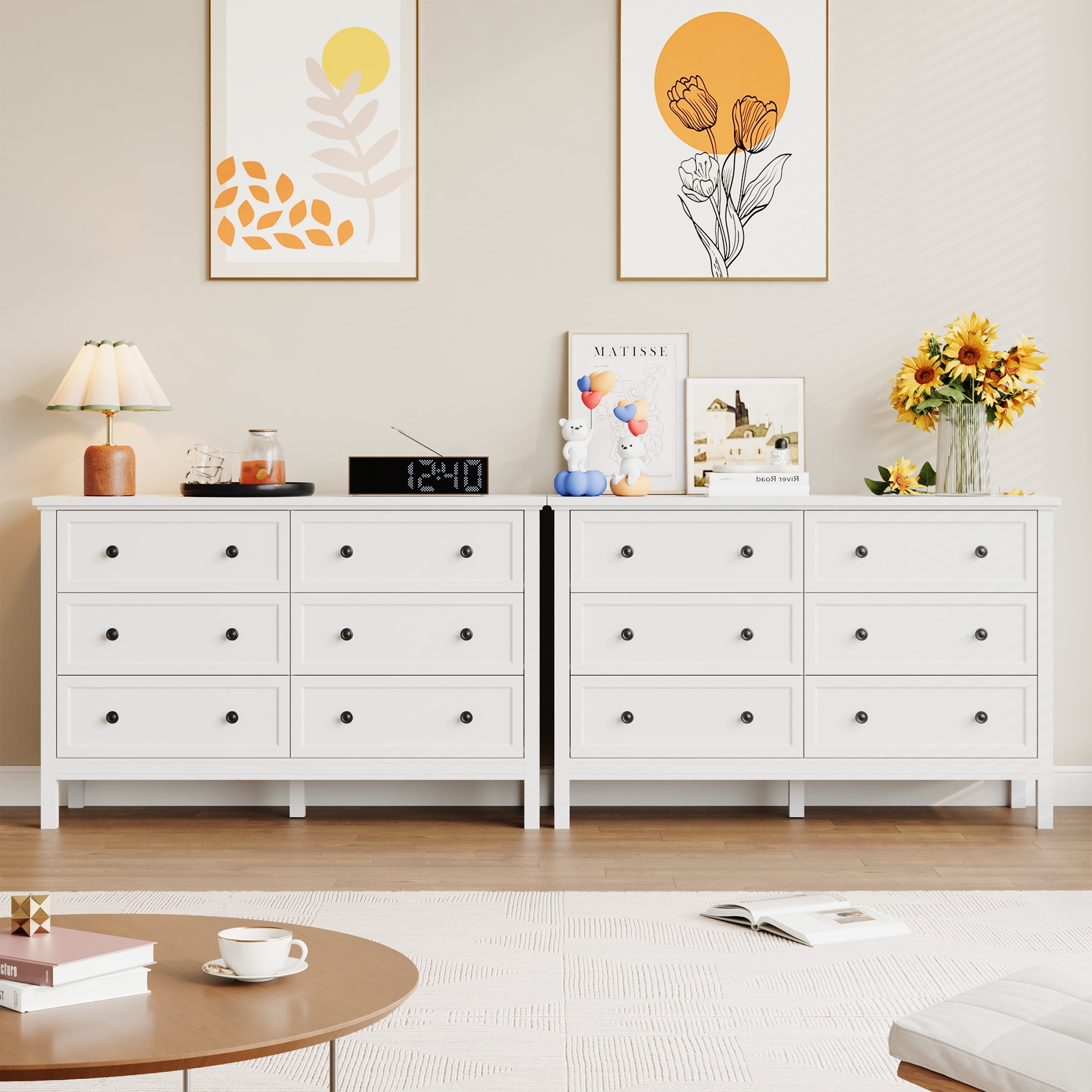 YouTrend White Dresser with 6 Drawer for Bedroom,Traditional Adult Chest of Drawers with Golden Handles for Living Room,Hallway