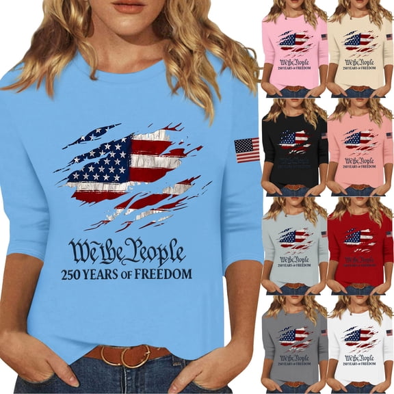 Youpwaven Women's America 250th Anniversary 3/4 Sleeve T-Shirt, Distressed Flag We The People 250 Years of Freedom Tee, Patriotic Independence Day Summer Top