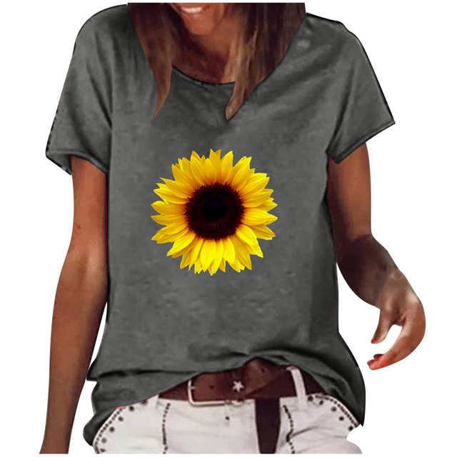Blouse à Manches Courtes Imprimée Marguerite Décontractée Mode Femme Col Rond T-Shirt Hauts d'Été