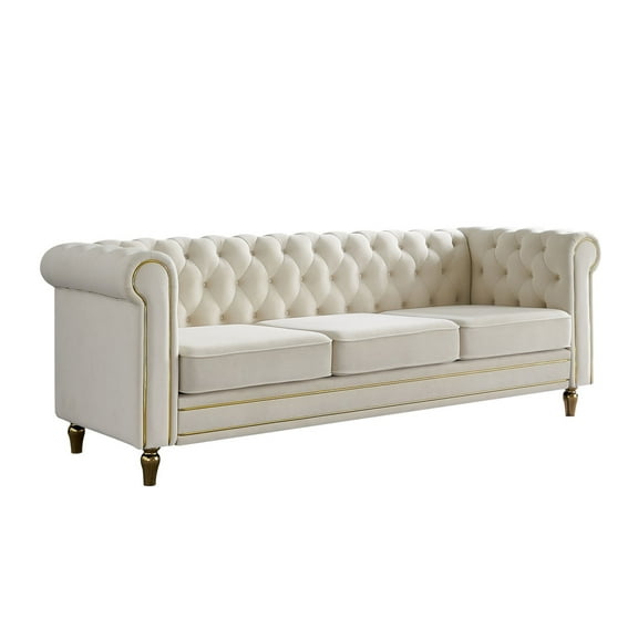 Newboti Furniture Chesterfield Velvet Sofa 84.65 inch for Living Room Beige Color 15124