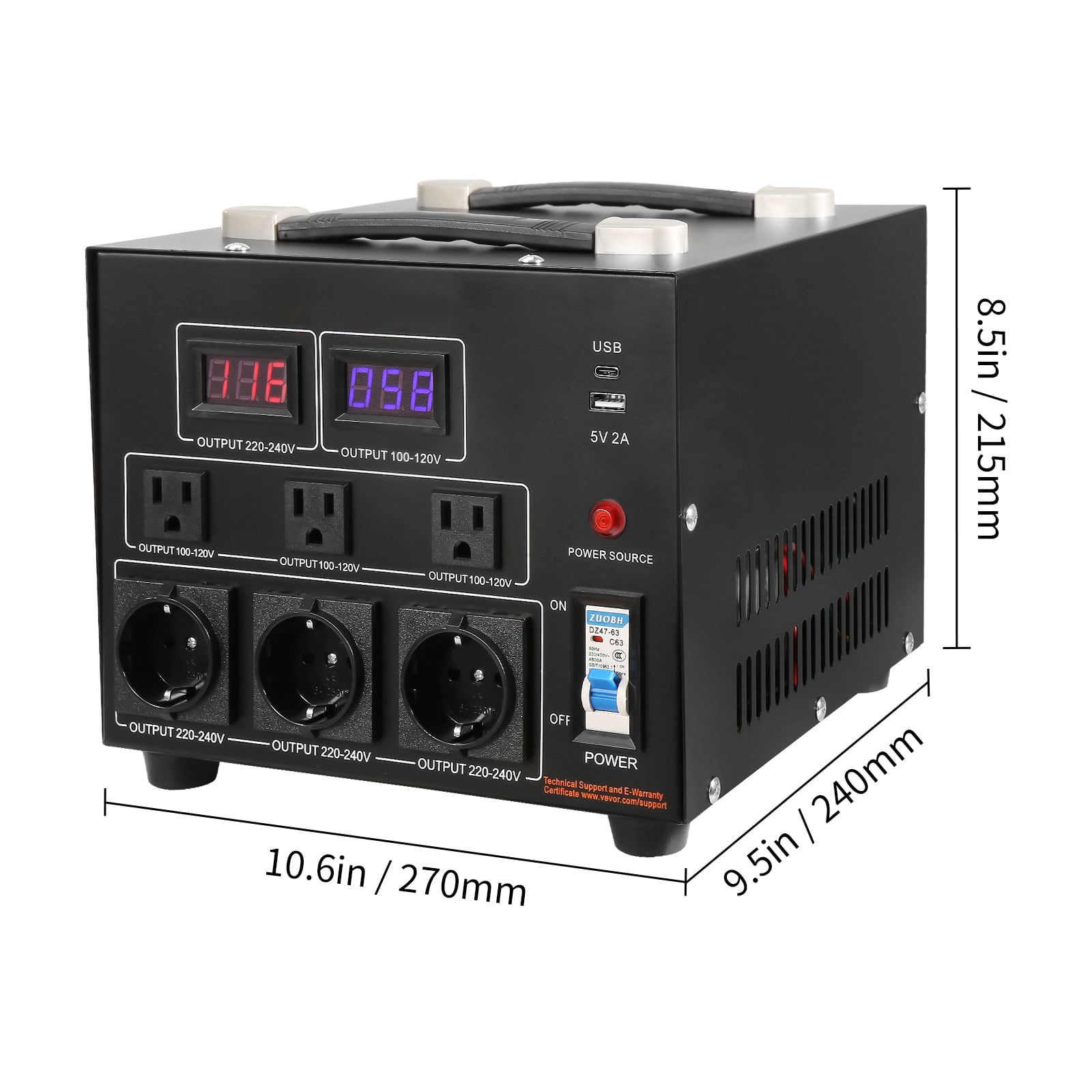 KFFKFF Convert from 110 Volt to 220 Volt and from 220 Volt to 110 Volt, with US Outlet EU Outlet 5V USB Port, CE Certified, 5000W, Heavy Duty Step Up/Down Transformer, Voltage Converter Transformer