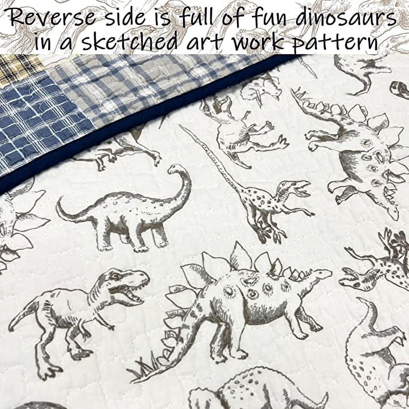 Cozy Line Benjamin Cute Dinosaur Navy Blue White Grey Plaid cotton Quilt, Twin - Reversible