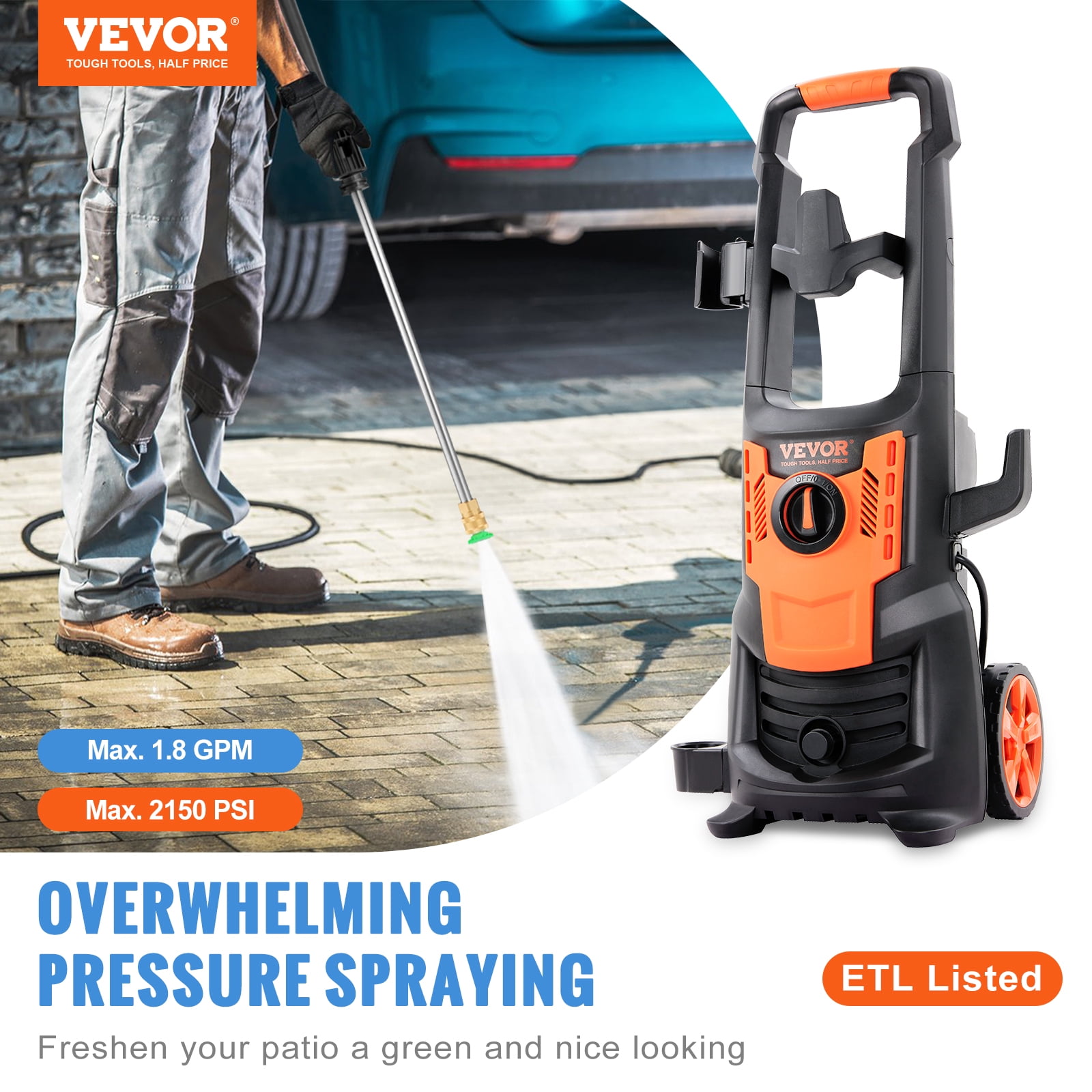 VEVOR Electric Pressure Washer, 2150 PSI, Max. 1.8 GPM Power Washer w/ 26 ft Hose & Reel, 4 Quick Connect Nozzles, Foam Cannon, Portable to Clean Patios, Cars, Fences, Driveways, ETL Listed
