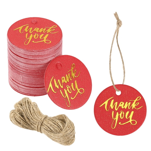 Uxcell 100pcs Thank You Gift Tags (1 Inch) - Round Paper Tags Gold Foil Letter Labels with String, for DIY Crafts Wedding Birthday Party Gift Wrapping Favours, Red