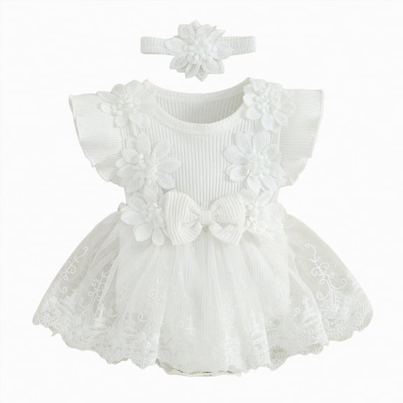 Linfrsh Newborn Dresses for Baby Girls Baby Girl Clothes Summer Ruffled Sleeve Romper Dresses Infant Outfit Set(White,3-6 Months)