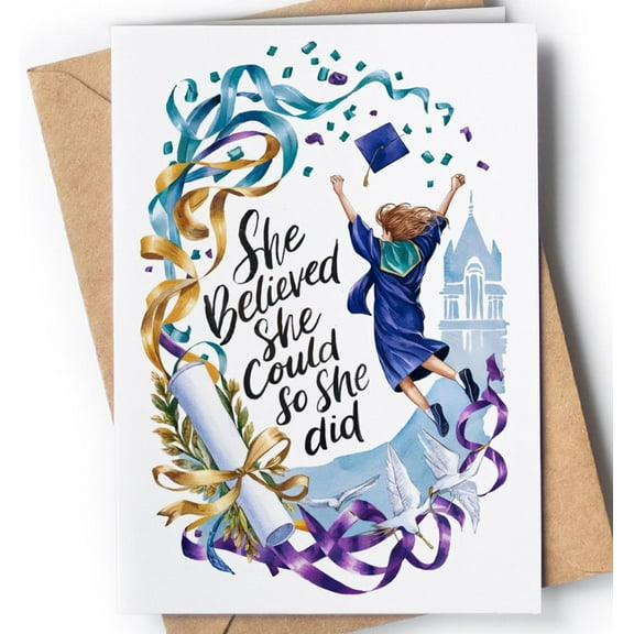 Graduation Card – “She Believed She Could So She Did” Inspirational Design – Blank Inside for Personal Messages – Perfect Gift for Graduates, High School, College, or Any Achievement