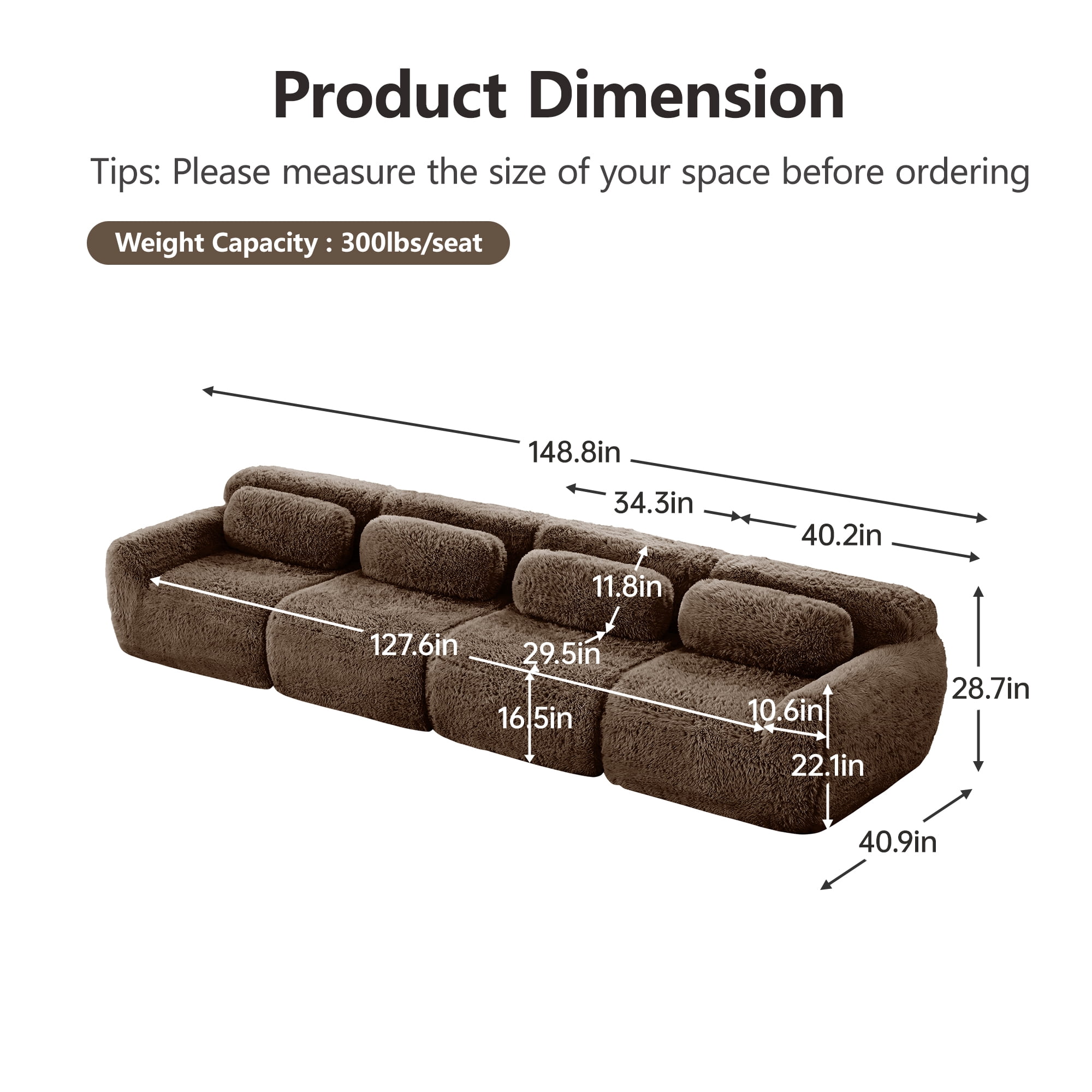 Aukfa 149" Faux Fur Modular Sectional Sofa, 4-Seater Deep Seat Boneless Couch for Living Room, Brown