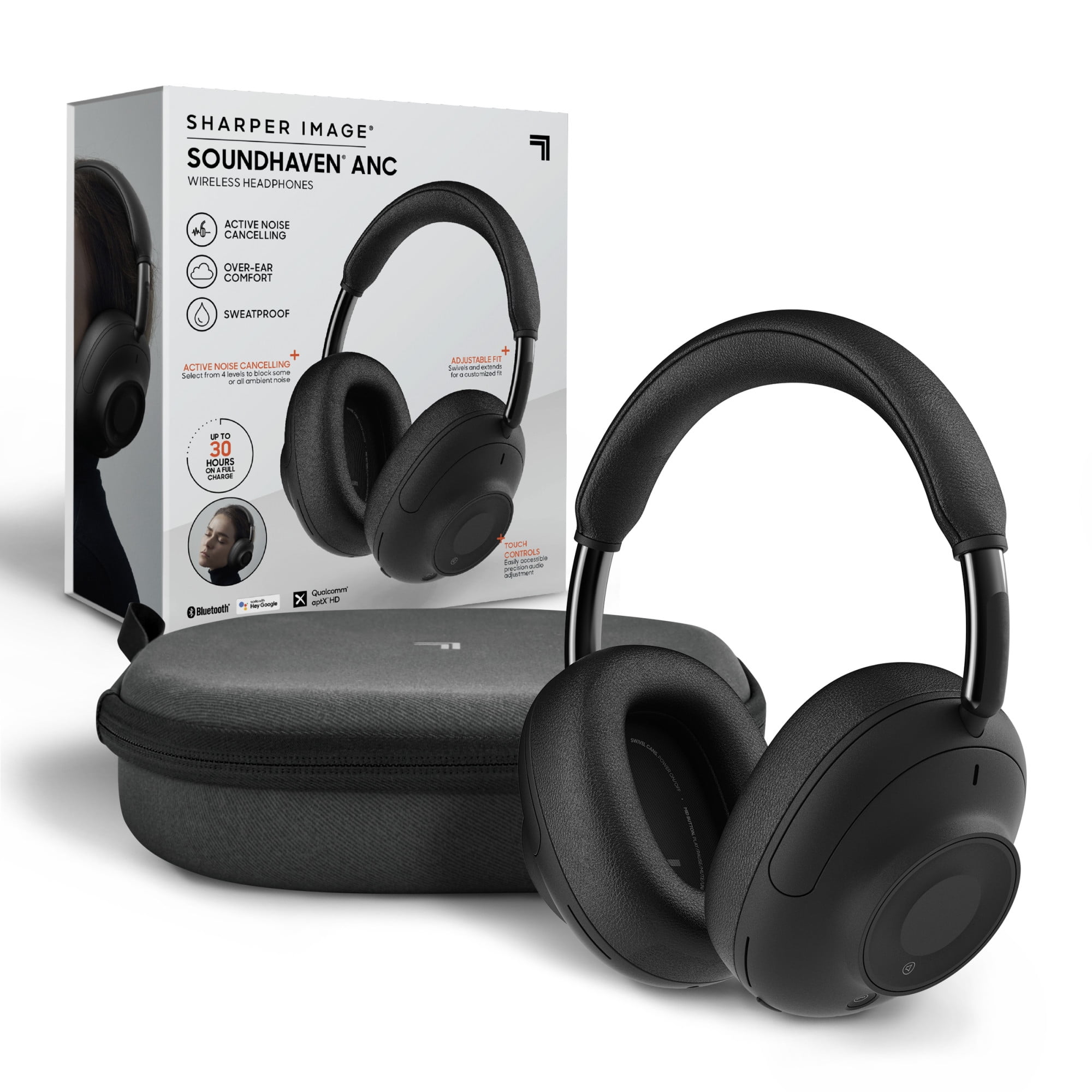 Sharper Image SoundHaven Wireless Over-Ear Bluetooth Headphones, Active Noise Canceling, 30-Hour Playtime, IPX4 Sweatproof, Music & Call Touch Controls, Connect to 2 Devices, Premium Audio Drivers