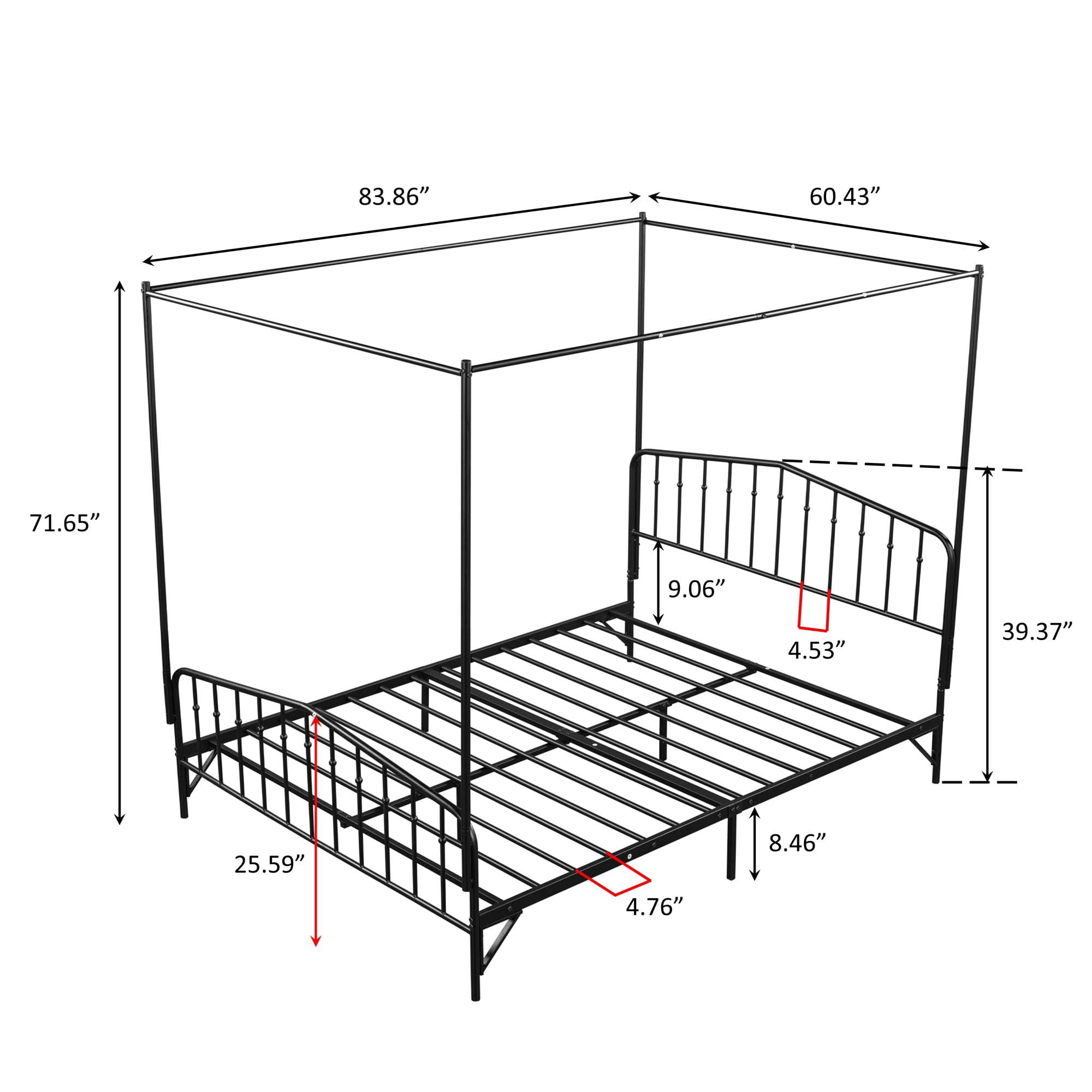 Momspeace Detachable Queen Anti-Noise Metal Canopy Bed, with Footboard for Teens Kids Adult, Black