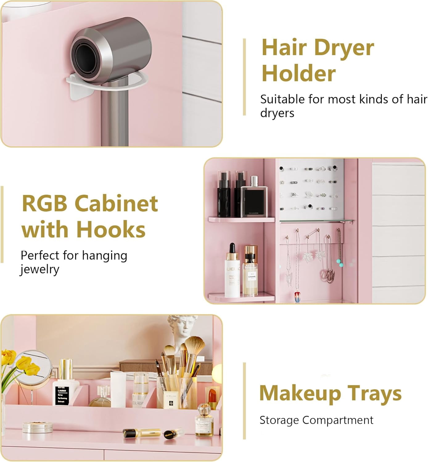 FANRAL Vanity Desk with RGB Ambient Light,LED Mirror & Charging Station,Small Dressing Table with Glass Cabinet & Ample Storage for Bedroom Grooming,Pink Vanity