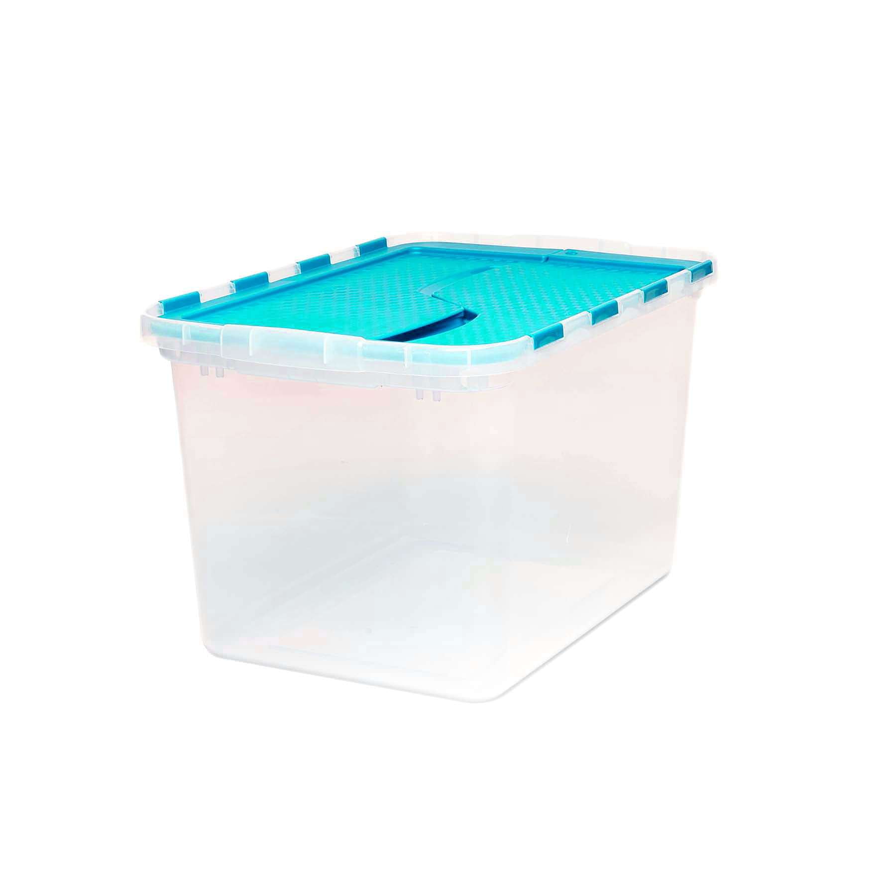 Homz 12 Gallon Flip Lid Tote Clear Container with Teal Sachet Lid