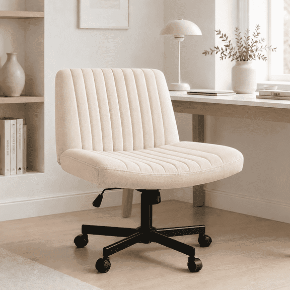 Oranland Armless Office Chair, Desk Chair With Wheels, Criss Cross Chair, Fabric Padded Cross Legged Office Chair, Adjustable Wide Seat/120°Rocking/Mid Back/Ergonomic(Beige)