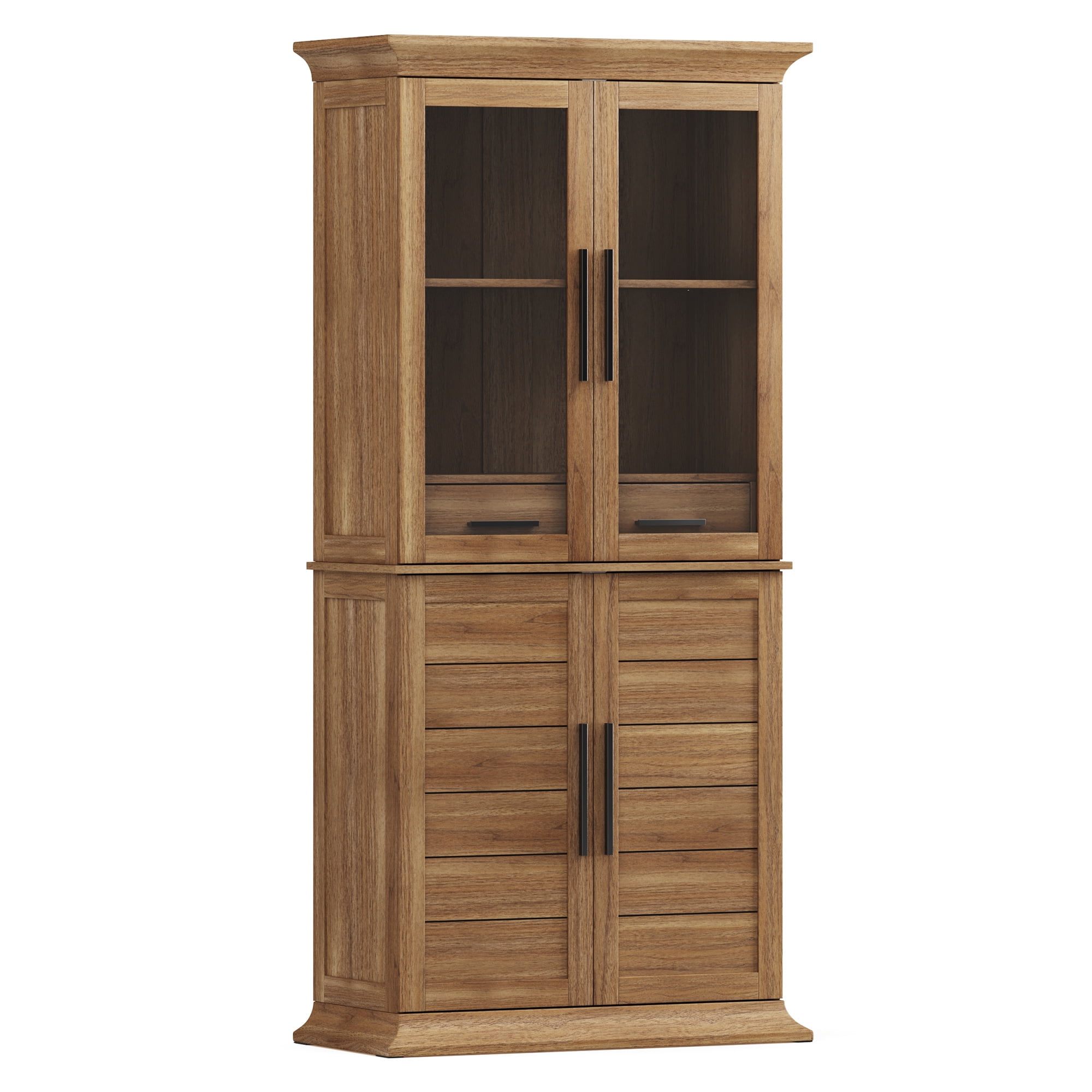 BELLEZE 72" Tall Kitchen Pantry Cabinet, Freestanding Corner Hutch with Storage, Large Storage Cabinet with Doors & Shelves, 2 Built-in Drawers for Kitchen, Dining & Living Room (Camel)