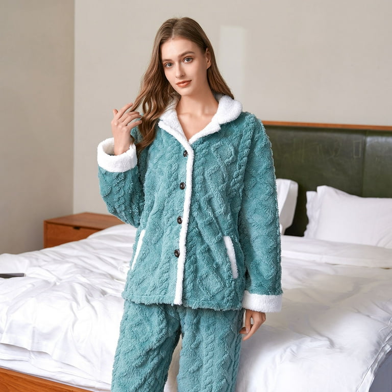 RQYYD Reduced Women's Winter Fluffy Pajamas Set Fleece Button Down Tops and  Pants Plush Loungewear Sleepwear(Green,XL)