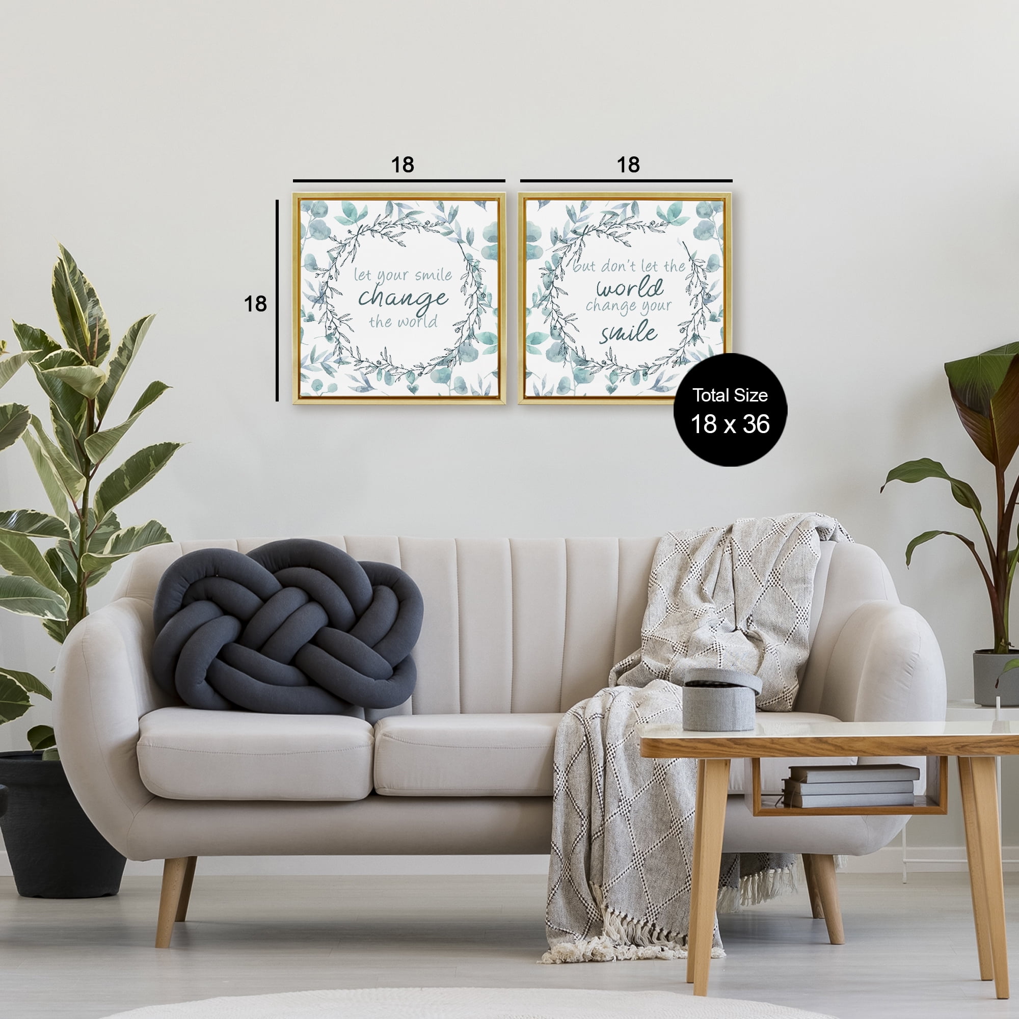 Stupell Industries Inspirational Smile Quotes 2 Piece Gold Framed Floater Canvas Set, design by Kim Allen