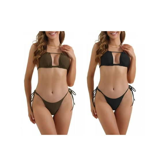 Women's Halter Push Up Bikini Sets, 2 Piece Tie Side Triangle Bottoms Swimwear Bathing Suits 2 Sets X-Small Coffee, Black