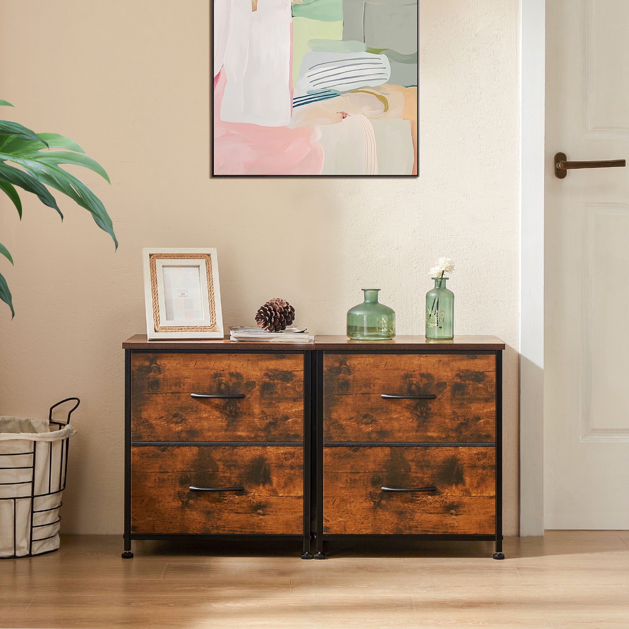 JOINSUN Bedside Table set of 2, Side Table, Fabric Narrow Drawer Cabinet, Chest of Drawers, Industrial Style for Living Room and Bedroom, Rust