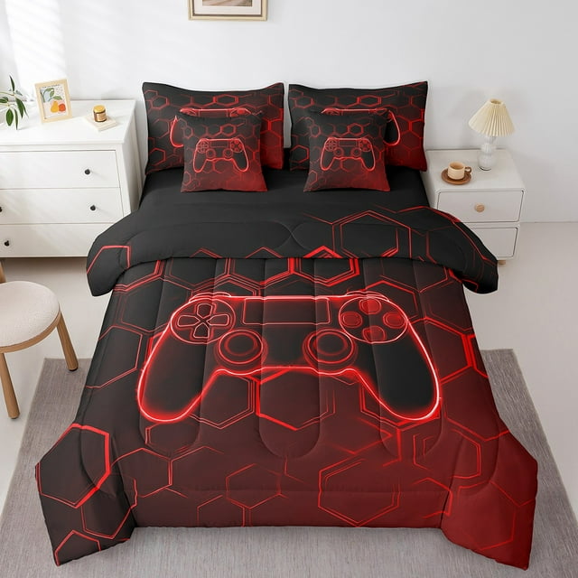 Erosebridal Teens Gamepad Bedding Sets King Size, Geometry Honeycomb Comforter Sets with Sheets, Neon Red, Reversible 7 Pieces
