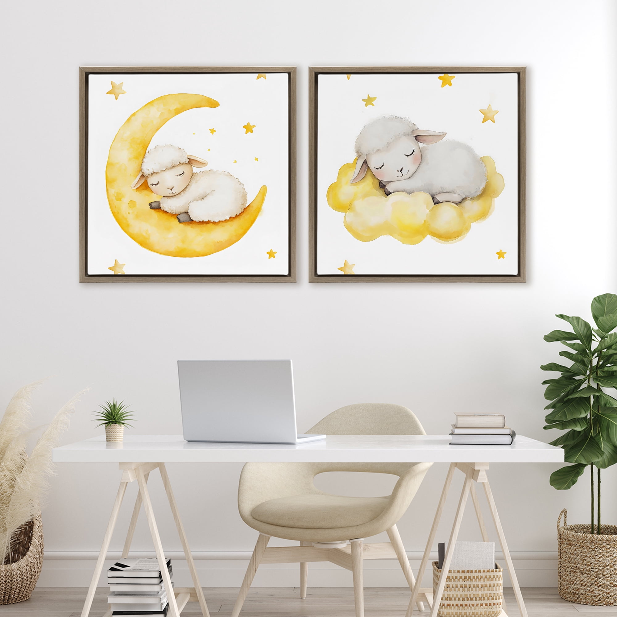 Stupell Industries Sleeping Sheep Cloud and Moon 2 Piece Brown Framed Floater Canvas Set, design by LSR Design Studio