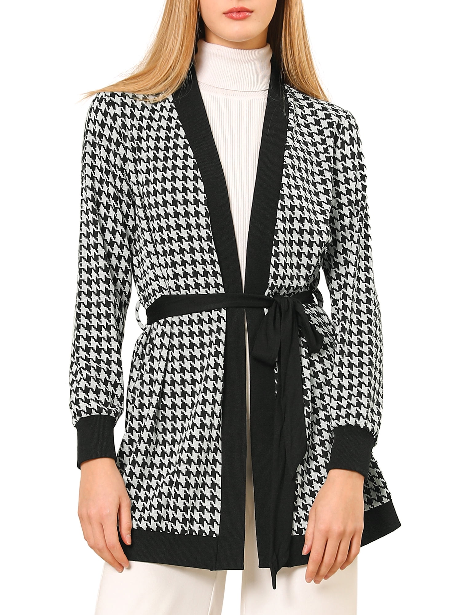 Unique Bargains Women's Houndstooth Long Sleeve Tie Belt Open Front
