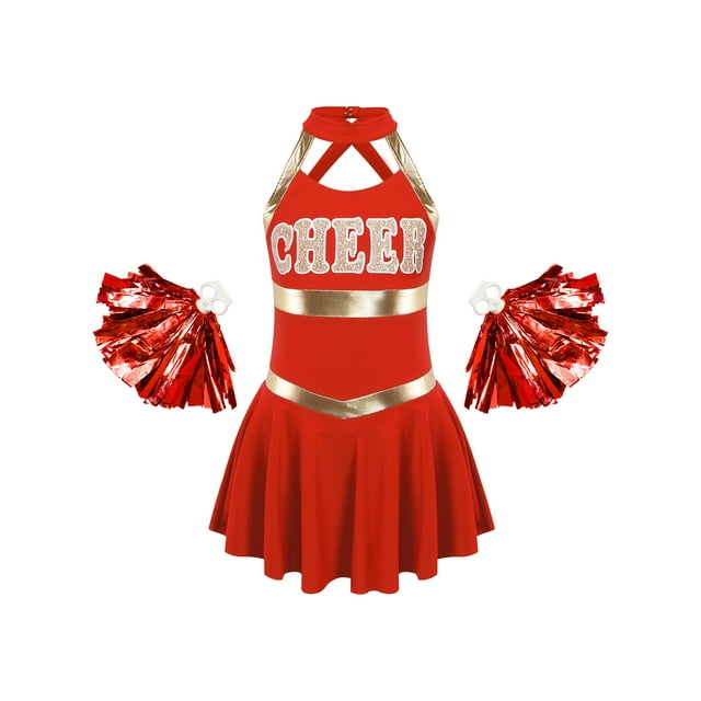 XUNZOO Costume de Cheerleader pour Filles Enfants Fête d'Halloween Lycée Robe de Cheerleading avec Pompon Rouge 8