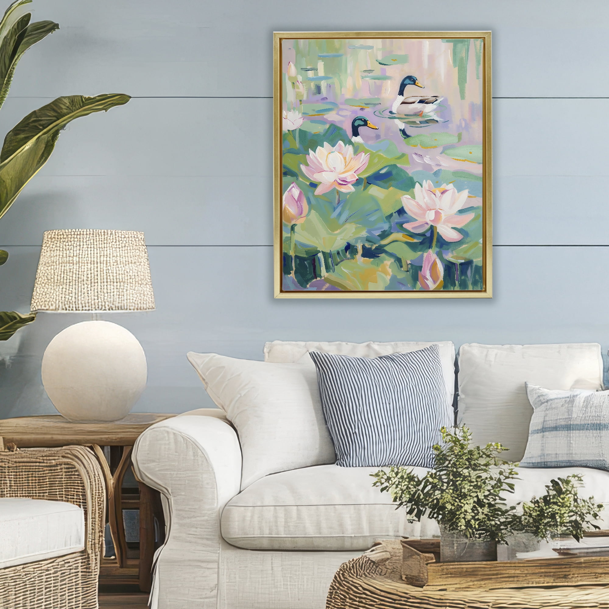 Stupell Industries Duck Pond with Lotus Flowers Gold Framed Floater Canvas Wall Art, design by The Prints Vibe