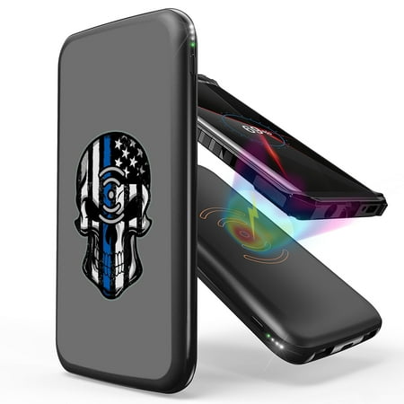 

INFUZE Qi Wireless Portable Charger for OnePlus 9 Pro External Battery (10000 mAh 18W Power Delivery USB-C/USB-A Ports) with Touch Tool - Thin Blue Line USA Skull