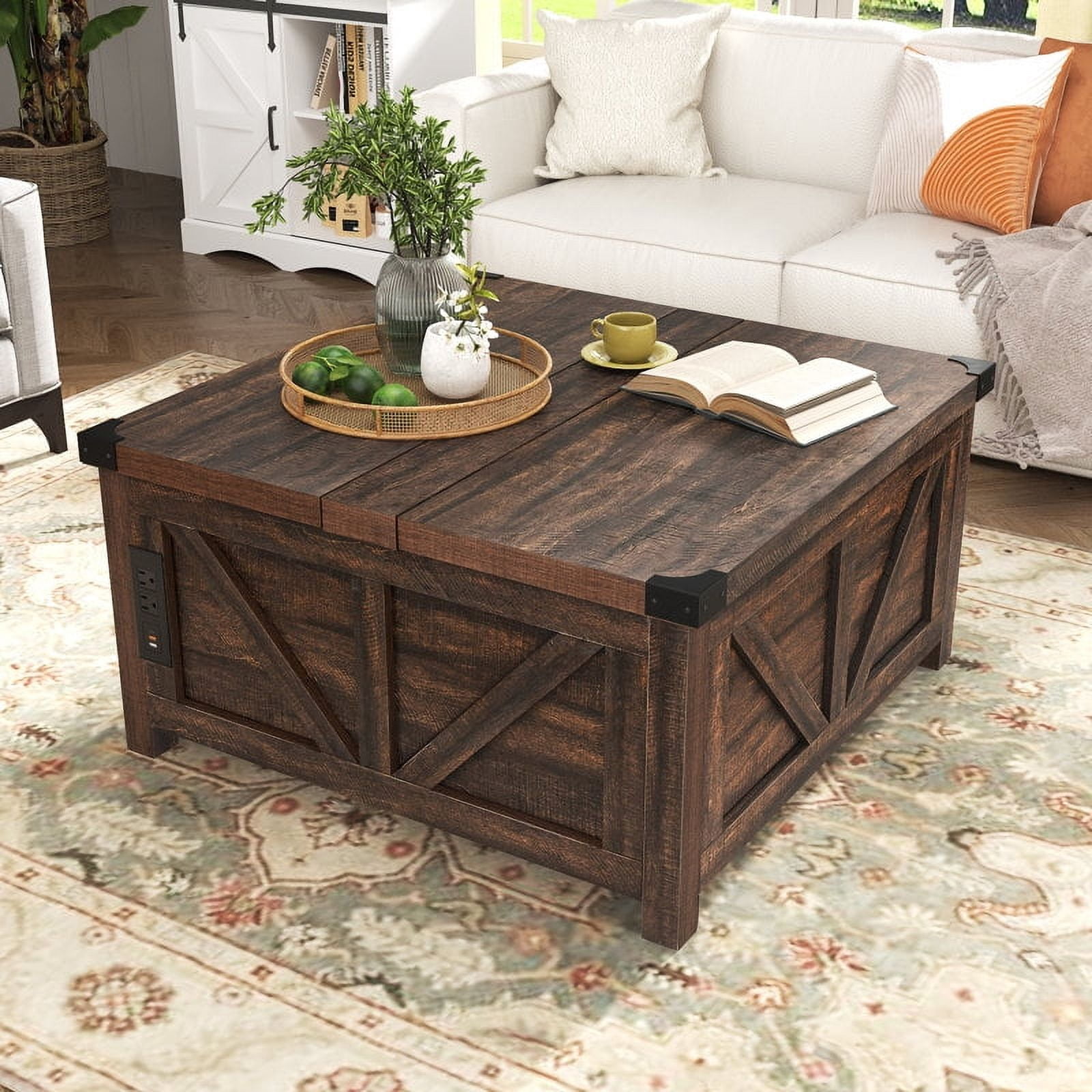 35.6" Farmhouse Lift Top Coffee Table with Charging Ports,Large Square Coffee Table with Storage, Wood Center Table w/Large Hidden Space for Living Room Home Office,Brown