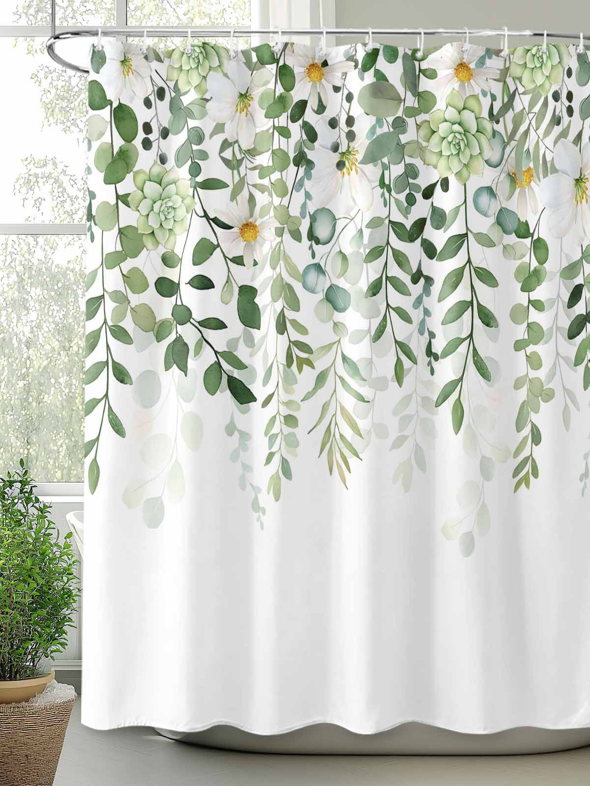 nqOlkjepod Sage Green Eucalyptus Leaves Shower Curtain, Waterproof Shower Curtains for Bathroom, Summer Weeping Floral Botanical Washable Fabric Bathtub Curtain Set Bath Decor with 12 Hooks 48"x72"
