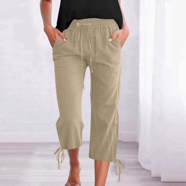 WILLBEST Pantalones Capri Casuales de Lino con Cordón Ajustable para Mujer, de Color Liso, Cómodos para Uso Diario. Grande