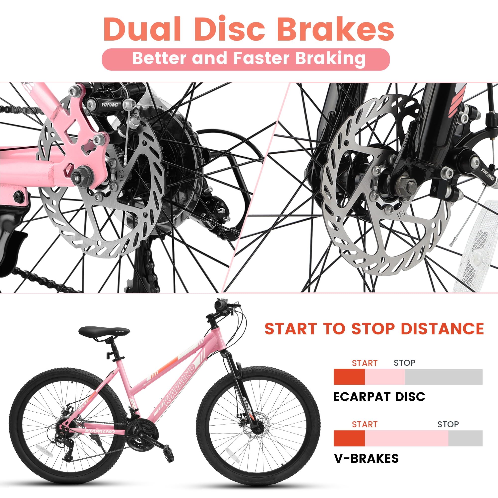 Ecarpat 24 Inch Mountain Bike, Disc Brakes 21 Speeds Women Mens Bike, Steel Frame and Suspension Fork, Adult and Teens Sport Bicycle for Urban Trail Snow Commuter Pink