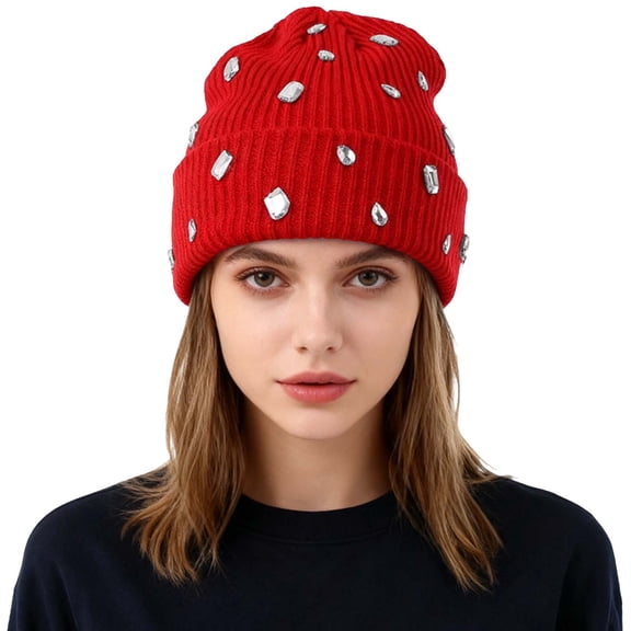 AWZXDE Girls Rhinestone Glitter Knitted Beanie Hats For Women Double Layer Outdoor Warm Personality Street Style Cap Red