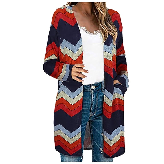 Floleo Clearance Fall Clothes For Women Women's Fashion Cardigan Striped Printed Pocket Long Sleeve Jacket Red
